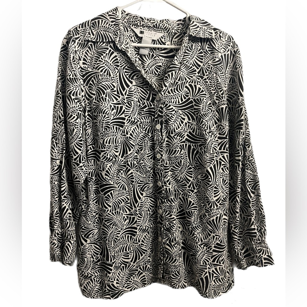 Vintage Linen long sleeve black white palm blouse button down sz 1x linen summer